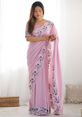 Pink Embroidered Art Silk Saree Set