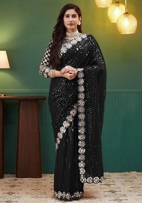 Black Embroidered Georgette Saree Set