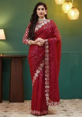 Red Embroidered Georgette Saree Set