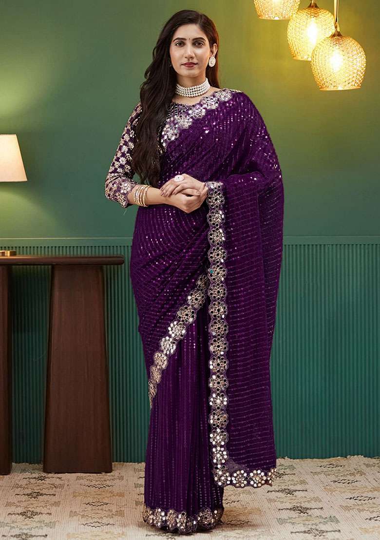Wine Embroidered Georgette Saree Set - Indya