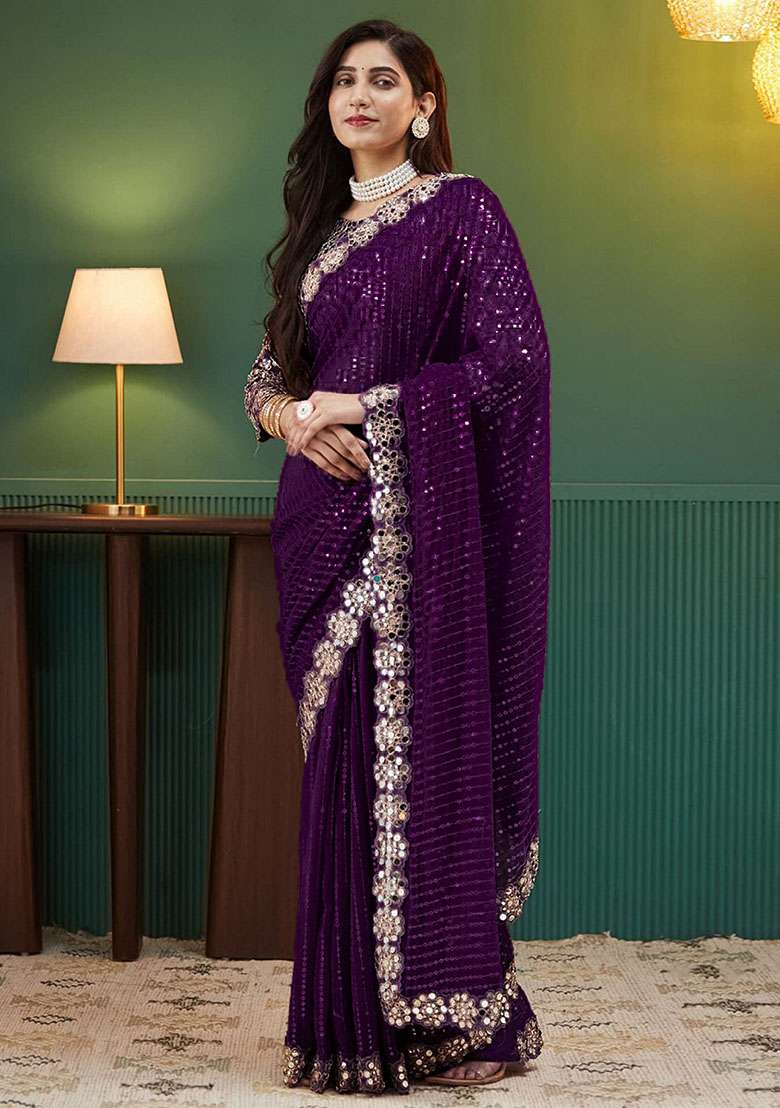 Wine Embroidered Georgette Saree Set - Indya