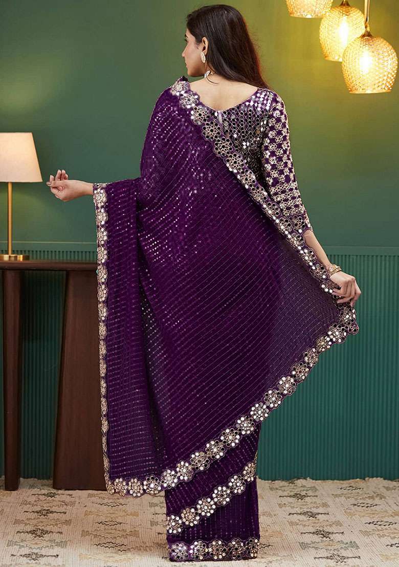 Wine Embroidered Georgette Saree Set - Indya