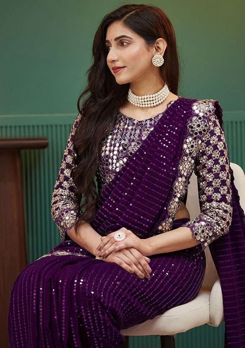 Wine Embroidered Georgette Saree Set - Indya