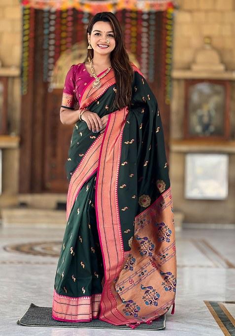 Green Woven Silk Blend Saree Set
