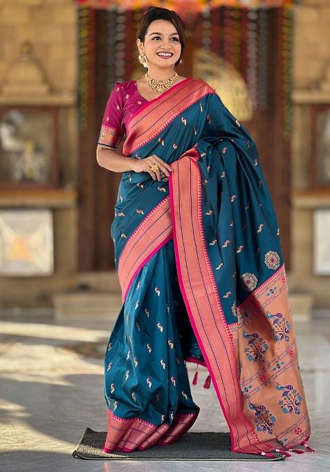 Teal Blue Woven Silk Blend Saree Set