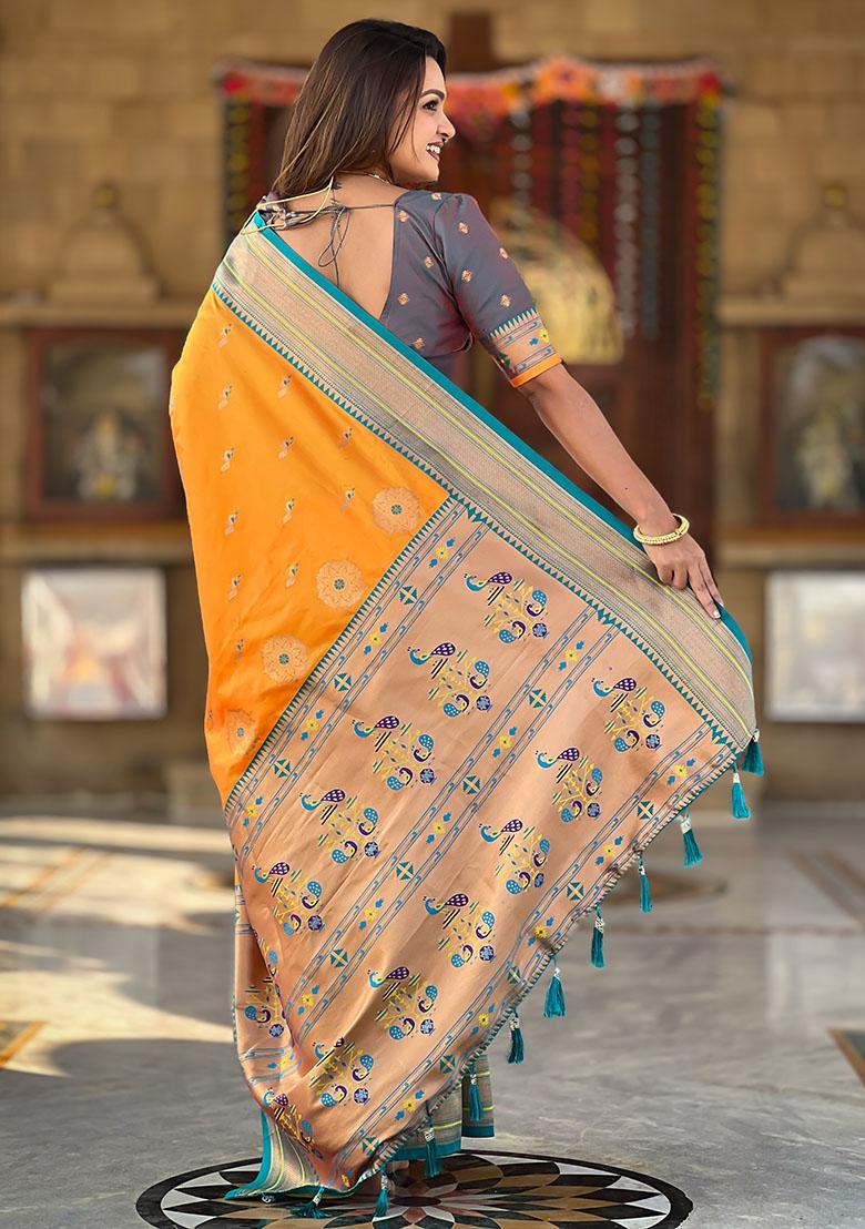 Mustard Yellow Woven Silk Blend Saree Set - Indya