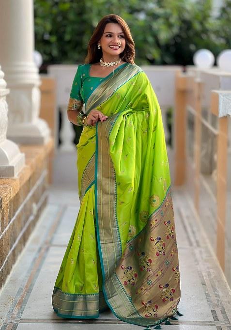 Green Woven Silk Blend Saree Set