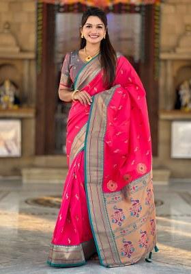 Pink Woven Silk Blend Saree Set