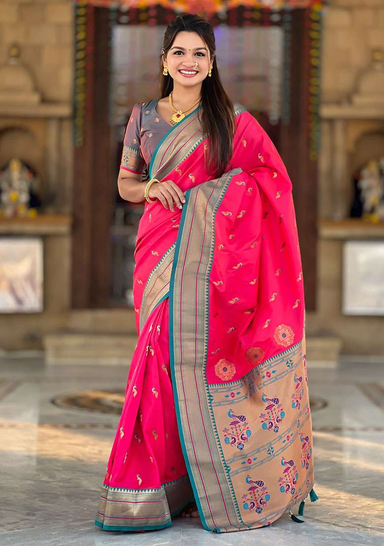 Pink Woven Silk Blend Saree Set for Diwali and Festive Wear - Indya
