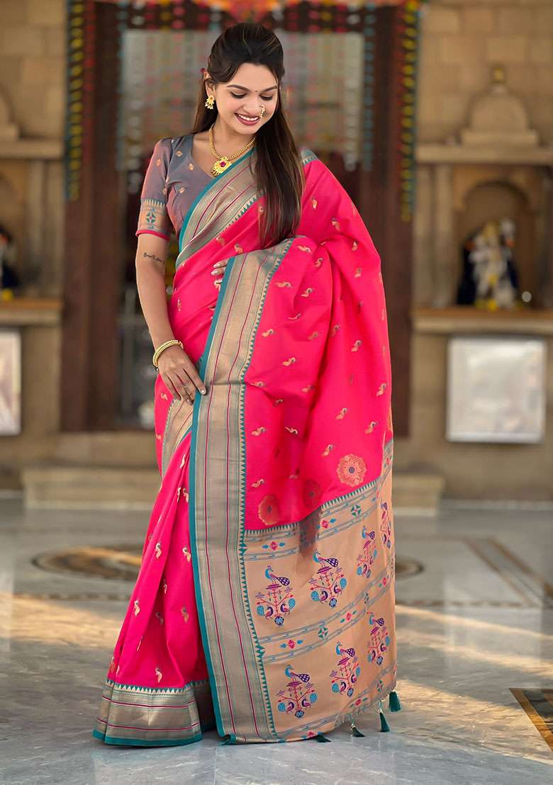 Pink Woven Silk Blend Saree Set for Diwali and Festive Wear - Indya