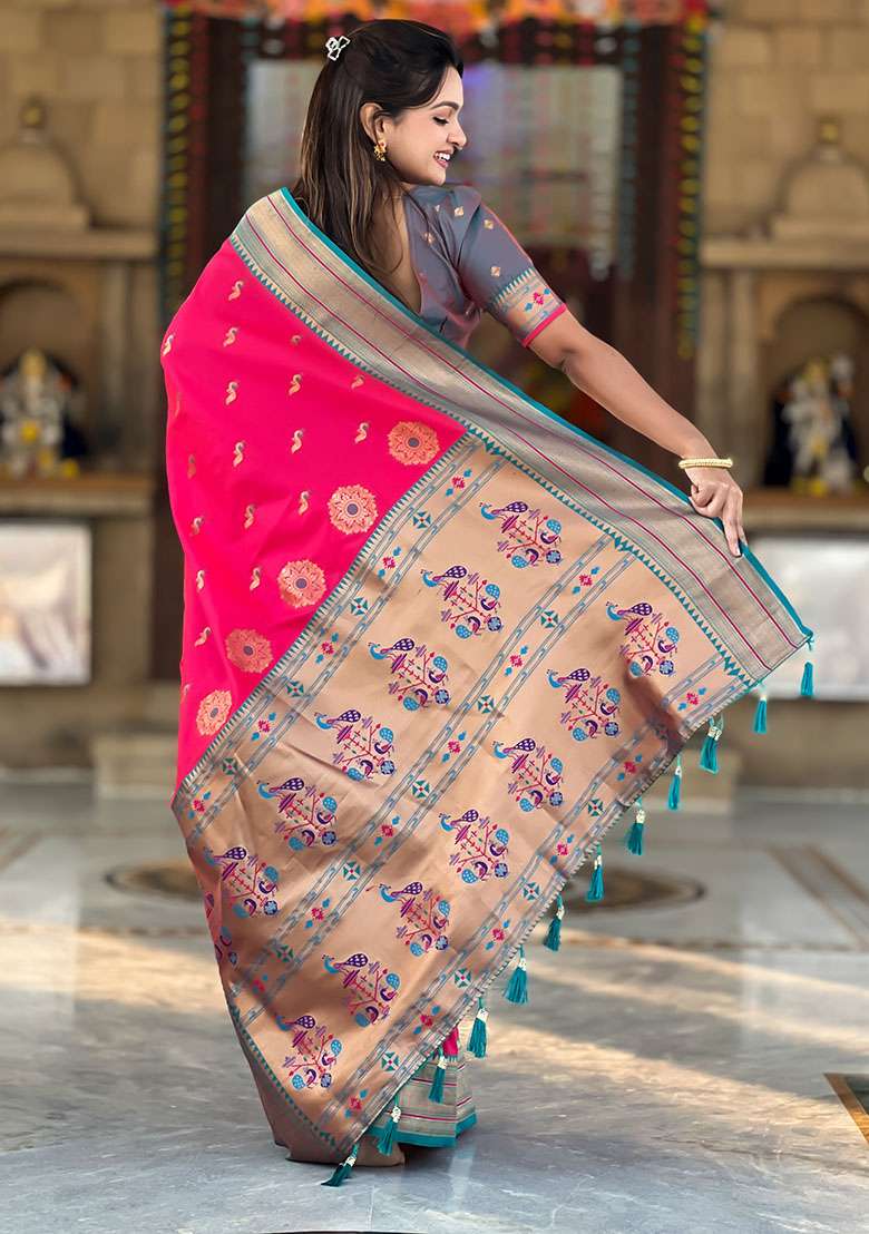 Pink Woven Silk Blend Saree Set for Diwali and Festive Wear - Indya
