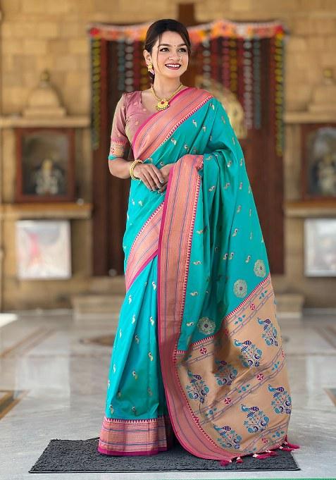 Green Woven Silk Blend Saree Set
