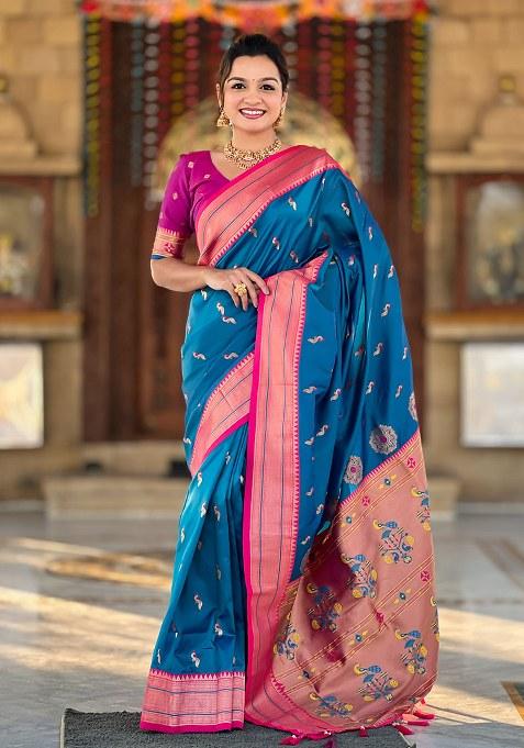 Blue Woven Silk Blend Saree Set