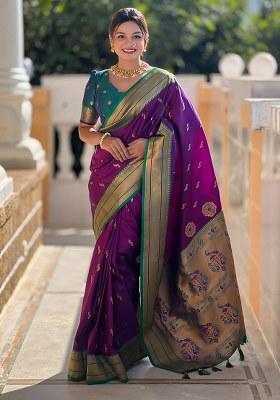 Wine Woven Silk Blend Saree Set