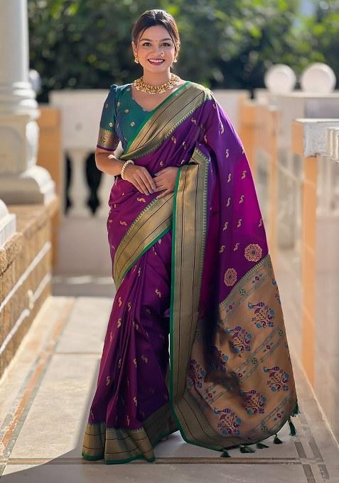 Wine Woven Silk Blend Saree Set