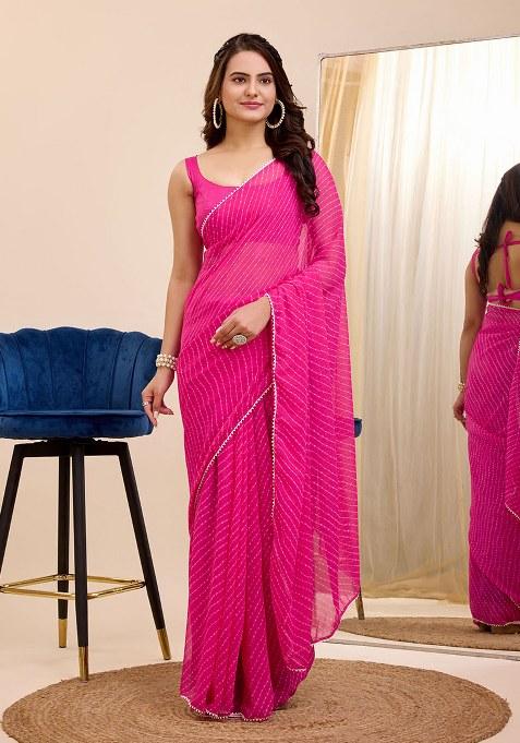 Pink Printed Faux Georgette Saree Set