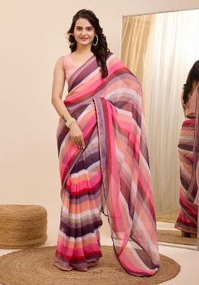 Pink Printed Faux Georgette Saree Set