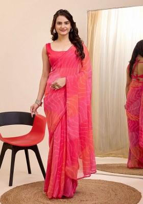 Red Printed Faux Georgette Saree Set