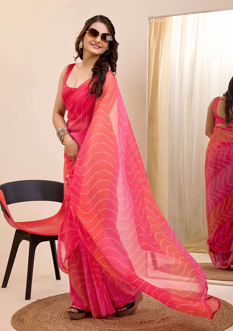 Red Printed Faux Georgette Saree Set - Indya
