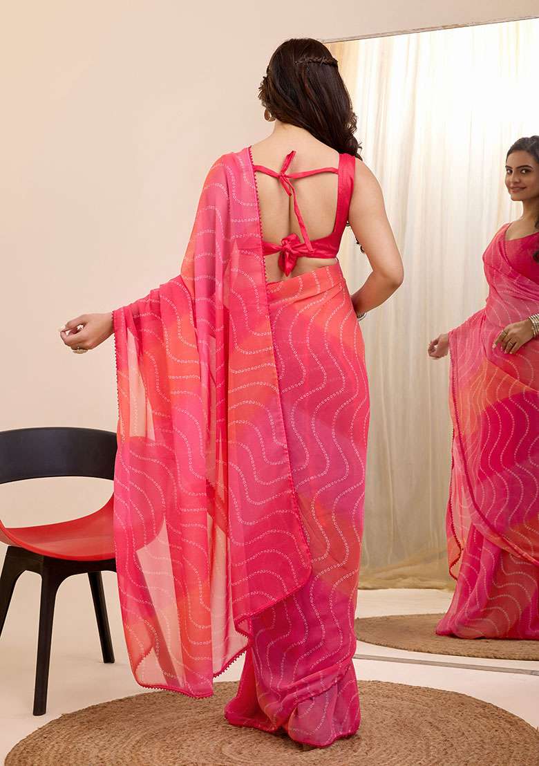 Red Printed Faux Georgette Saree Set - Indya