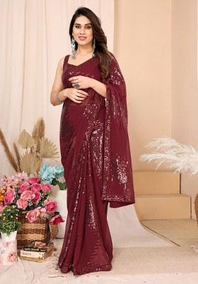 Maroon Embroidered Faux Georgette Saree Set