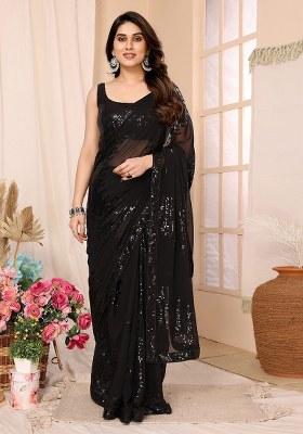 Black Embroidered Faux Georgette Saree Set