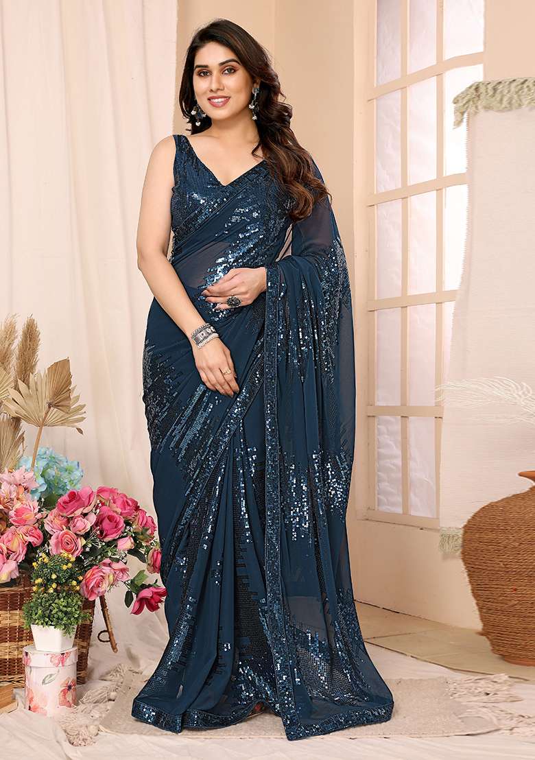 Teal Blue Faux Georgette Saree Set with Embroidered for Diwali | Wedding & Festive Wear - Indya
