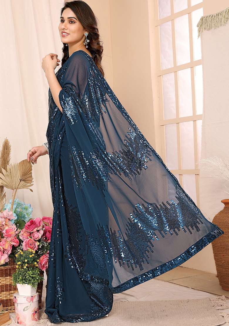 Teal Blue Faux Georgette Saree Set with Embroidered for Diwali | Wedding & Festive Wear - Indya