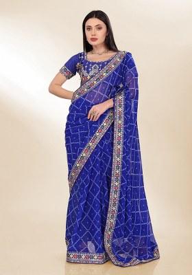 Blue Printed Faux Georgette Saree Set