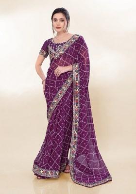 Purple Printed Faux Georgette Saree Set