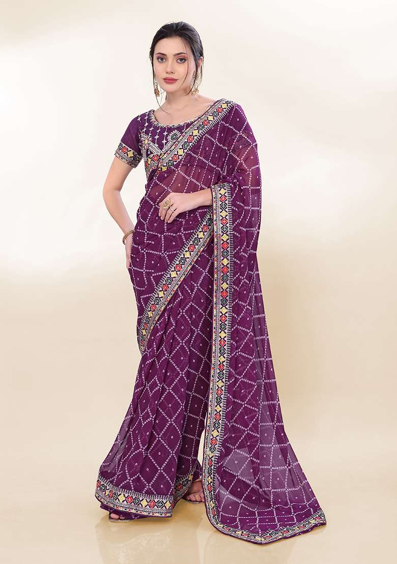 Purple Printed Faux Georgette Saree Set - Indya