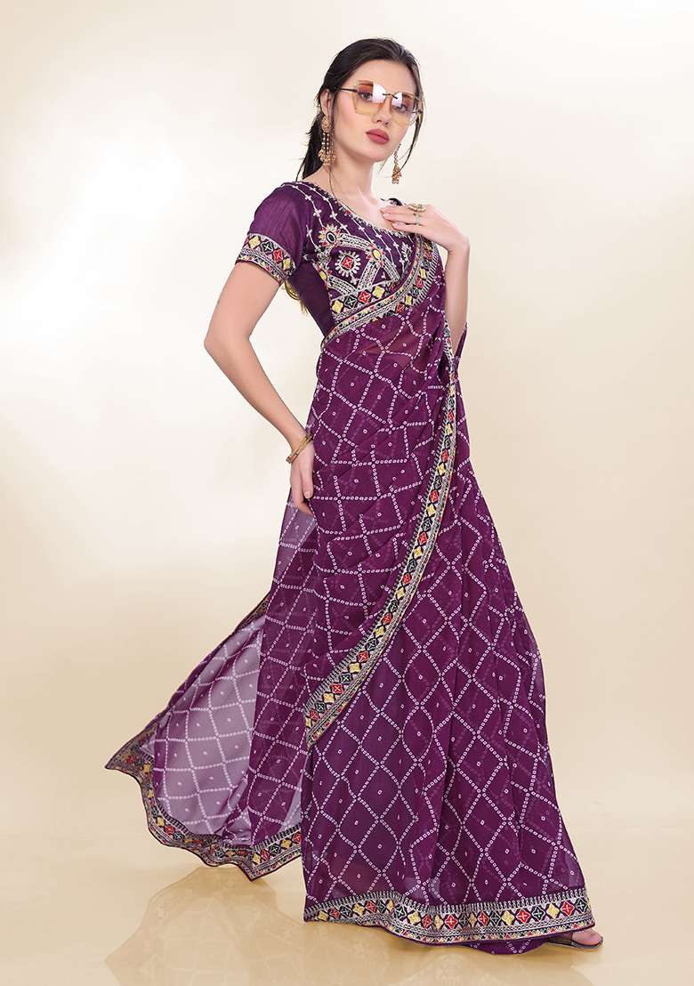 Purple Printed Faux Georgette Saree Set - Indya