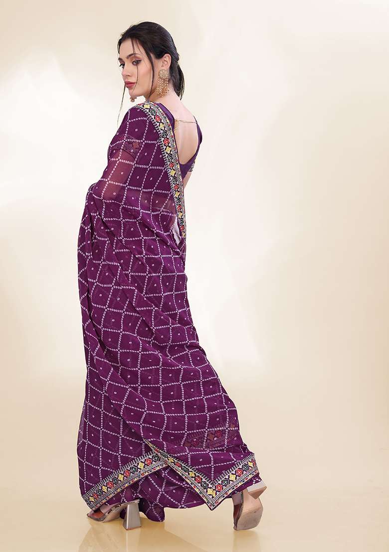 Purple Printed Faux Georgette Saree Set - Indya