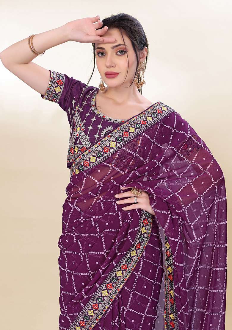Purple Printed Faux Georgette Saree Set - Indya