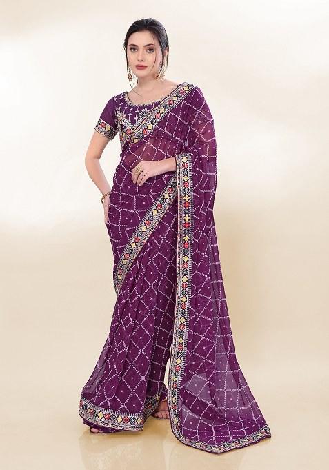 Purple Printed Faux Georgette Saree Set