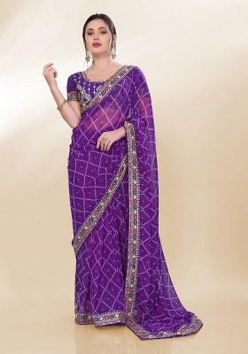 Voilet Printed Faux Georgette Saree Set