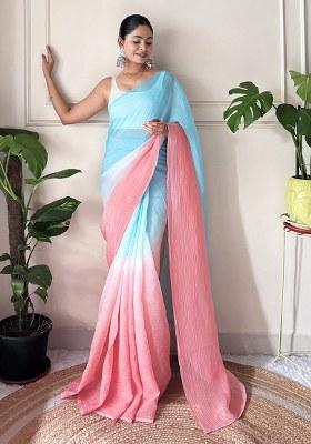 Sky Blue Printed Chiffon Saree Set