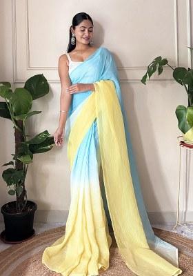 Yellow Printed Chiffon Saree Set