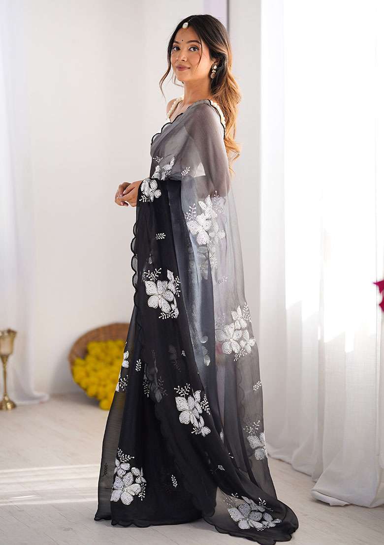 Black Embroidered Chiffon Saree Set - Indya