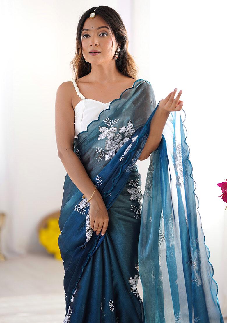 Green Embroidered Chiffon Saree Set - Indya