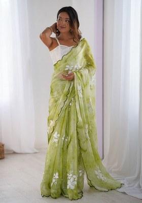 Green Printed Chiffon Saree Set