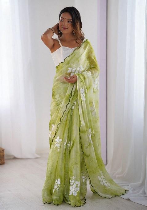 Green Printed Chiffon Saree Set