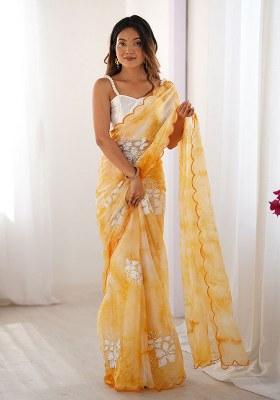 Yellow Printed Chiffon Saree Set