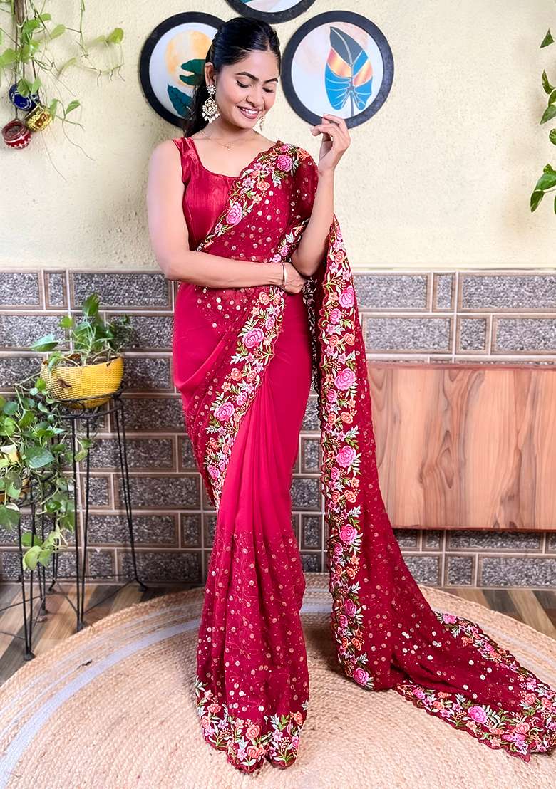 Maroon Embroidered Faux Georgette Saree Set - Indya