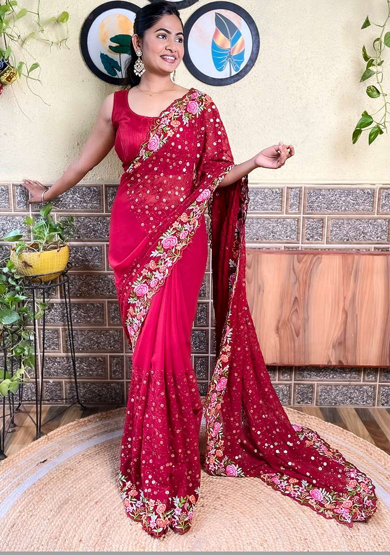 Maroon Embroidered Faux Georgette Saree Set - Indya
