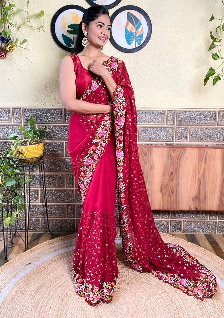 Maroon Embroidered Faux Georgette Saree Set - Indya