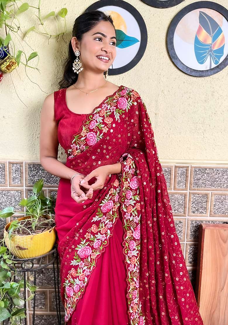 Maroon Embroidered Faux Georgette Saree Set - Indya