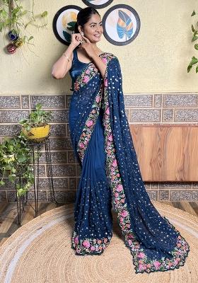 Blue Embroidered Faux Georgette Saree Set