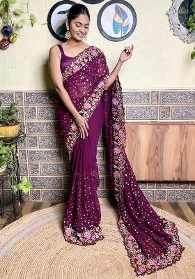 Wine Embroidered Faux Georgette Saree Set