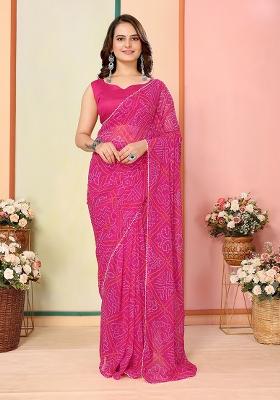 Pink Printed Faux Georgette Saree Set